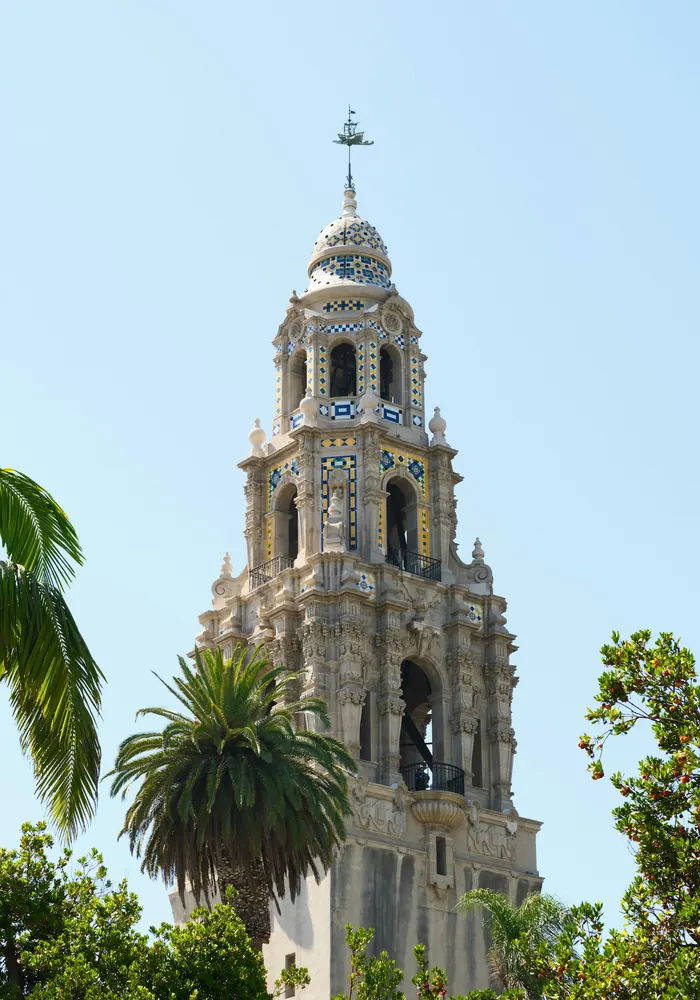 The California Tower in Balboa Park, San Diego, framed by palm trees