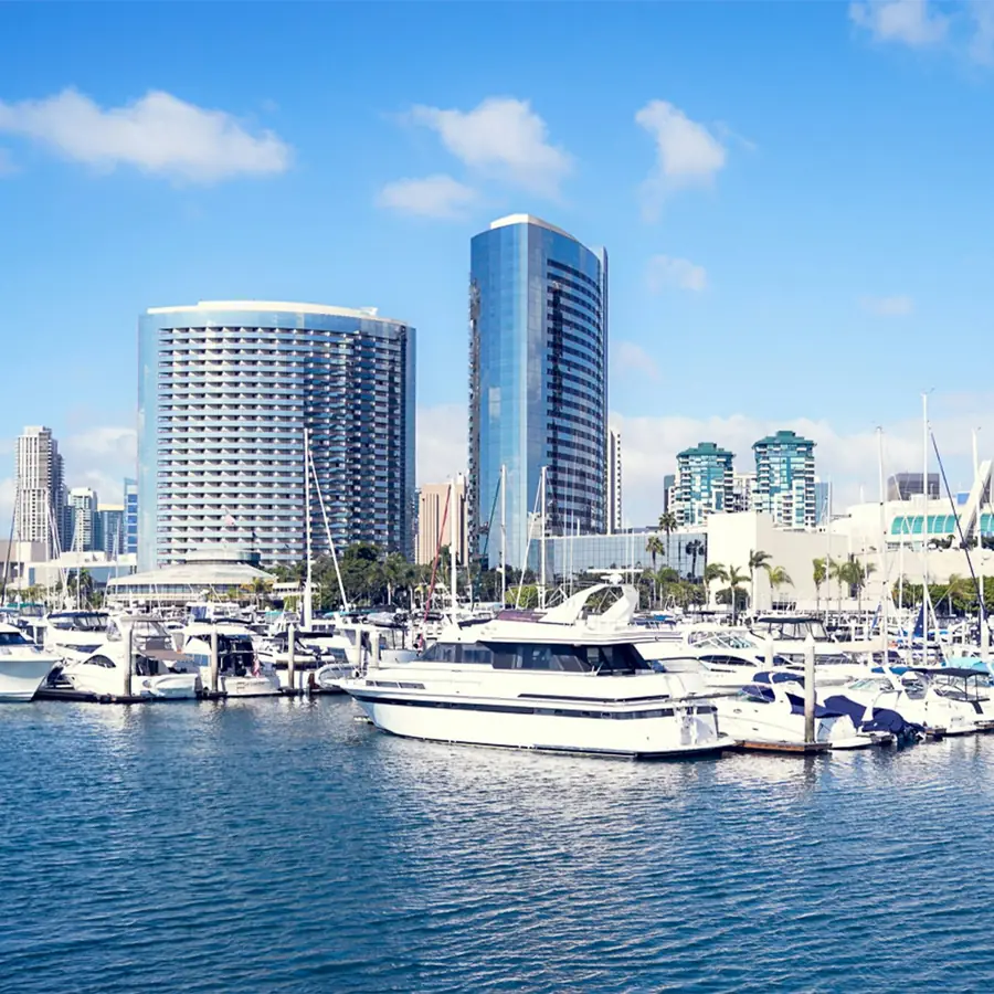 Downtown San Diego marina with yachts and waterfront towers