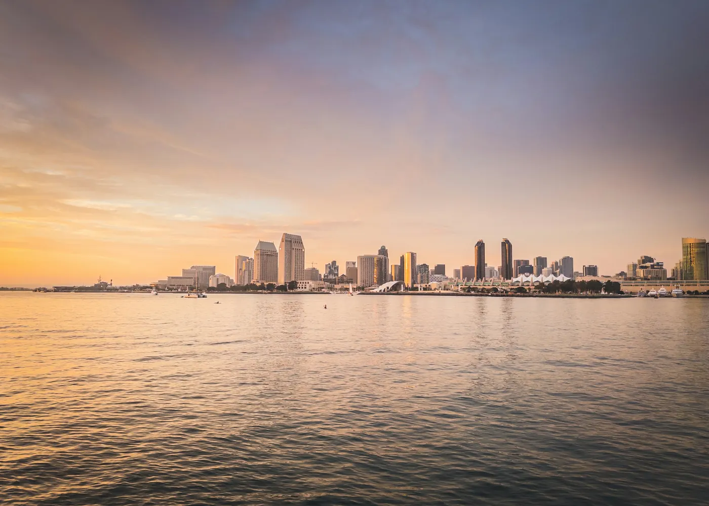Downtown San Diego skyline at sunset, viewed across the bay from Coronado