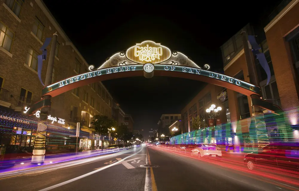 The illuminated Gaslamp Quarter arch, 'Historic Heart of San Diego,' at night