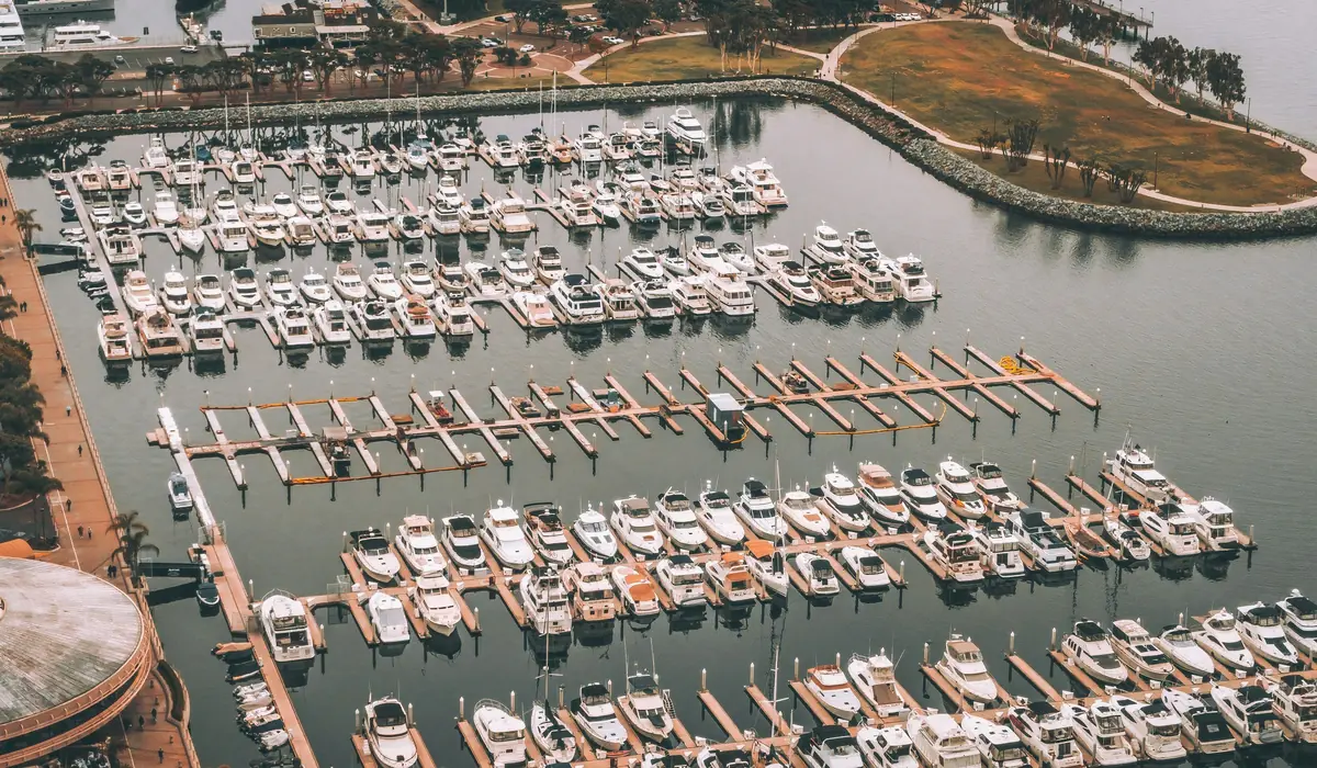 Aerial view of yachts docked in a San Diego marina